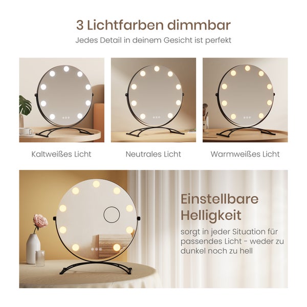 Runder Kosmetikspiegel mit dimmbaren Lichtfarben und einstellbarer Helligkeit.