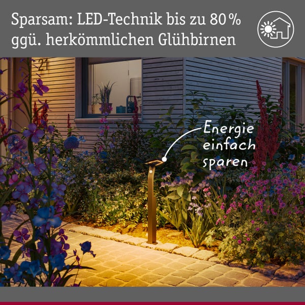 LED Gartenleuchte zwischen Blumenbeeten mit Hinweis auf Energieeinsparung