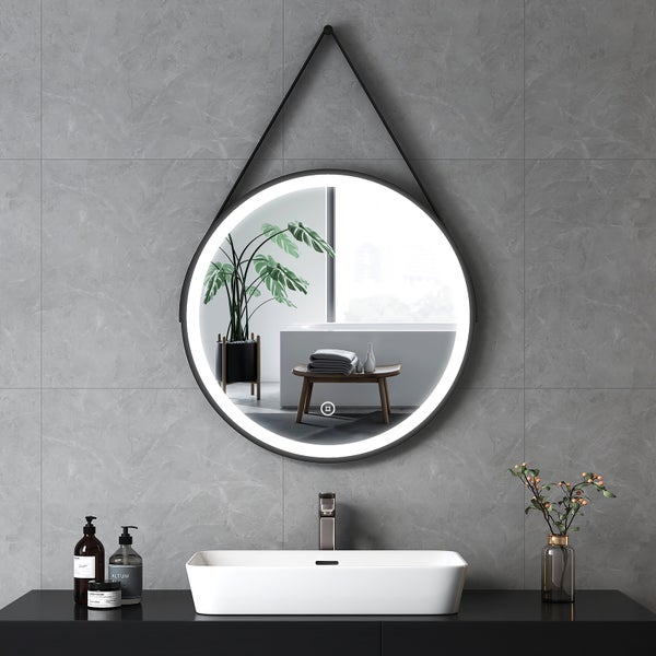 Modernes Badezimmer mit rundem LED Spiegel, Waschtisch und Accessoires