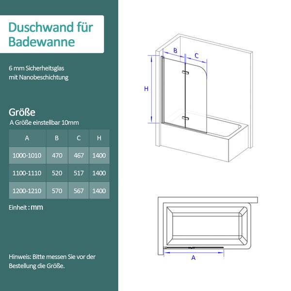 Technische Zeichnung einer Badewannen Duschwand aus 6 mm Sicherheitsglas mit Nanobeschichtung inklusive Maßangaben