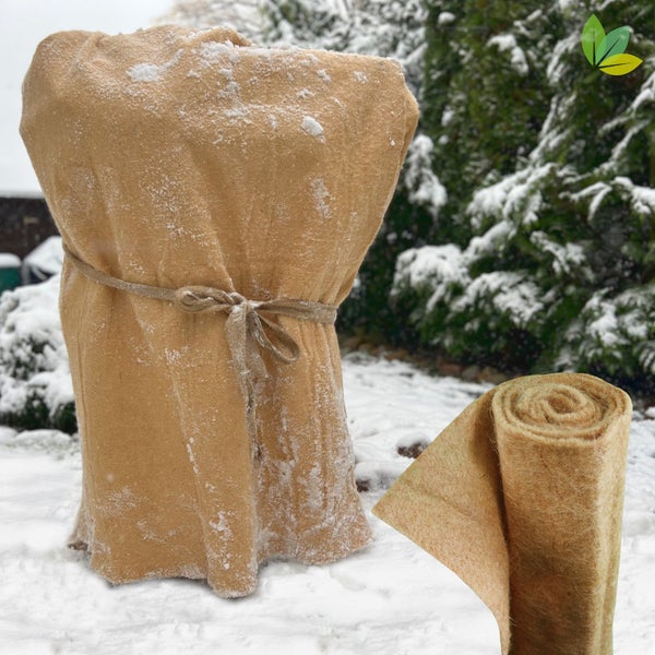 Winterschutzvlies aus Jute für Pflanzen, als Rolle und um einen Kübel gewickelt im Schnee stehend.
