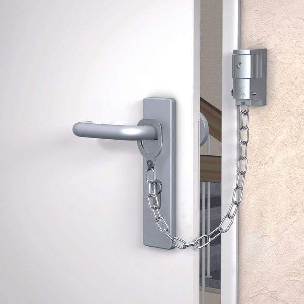 BASI Türkette TK 50 abschließbar für Haus- und Wohneingangstüren Silber Türblatt oder Rahmen müssen nicht gebohrt werden Gehärtete Türkette Länge 290 mm Überwurfring für Türdrücker inkl. 2 Schlüsseln