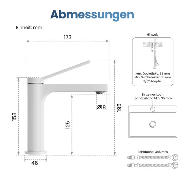EMKE Einhebel-Waschtischarmatur, Badarmaturen, Schweizer Design, G3/8， Wassersparend, Bleifreies Messing, Korrosionsschutz, Pflegeleicht, Weiß matt