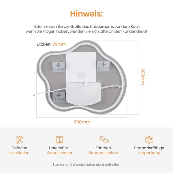 EMKE LED Badspiegel 50 x 60 cm, asymmetrisches Design, Hintergrundbeleuchtung, 3 Farbtemperaturen, dimmbar, Anti-Beschlag, rostfreier Spiegel, flexibel montierbar, IP44, für Badezimmer & Schlafzimmer geeignet