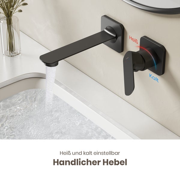 Wandarmatur in dunkler Optik mit Hebel zur Einstellung von Warm- und Kaltwasser