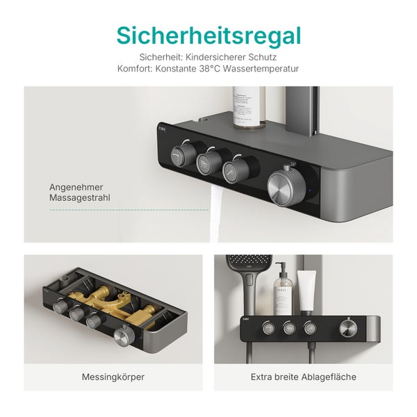 EMKE Duschregal mit Sicherheitsschutz, Massagefunktion, Messingkörper und Ablagefläche