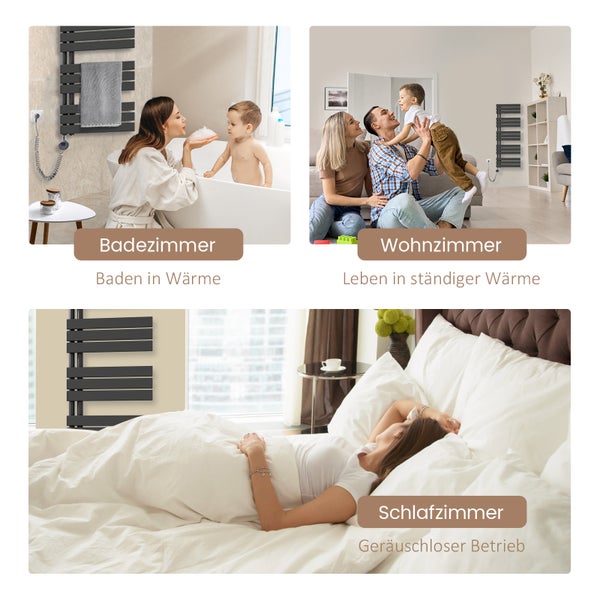 Collage mit Heizkörpern in Badezimmer, Wohnzimmer und Schlafzimmer