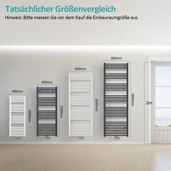 EMKE Badheizkörper 120x40 cm, Stilvoller, weiß, Handtuchheizkörper mit Mittelanschluss, 458 Watt Leistung, inklusive Handtuchhalter & Trockner für Ihr Badezimmer