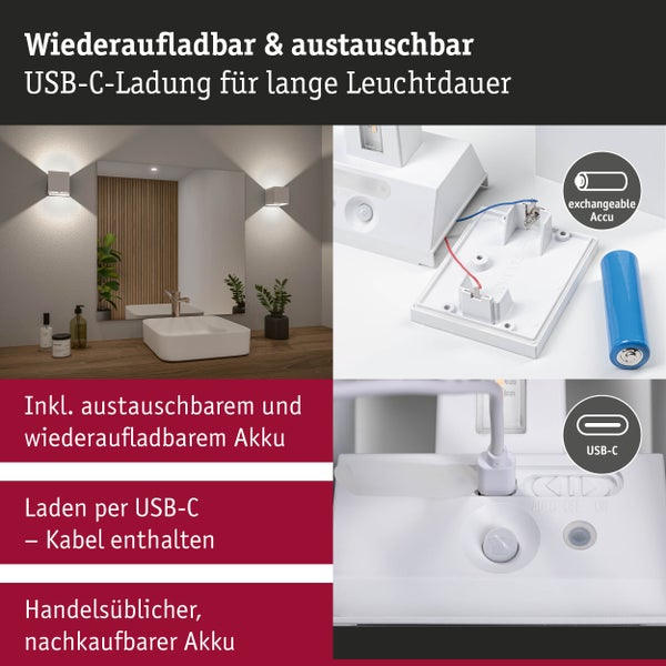 Batteriebetriebene Wandleuchte mit USB-C-Ladeanschluss und austauschbarem Akku im Badezimmer