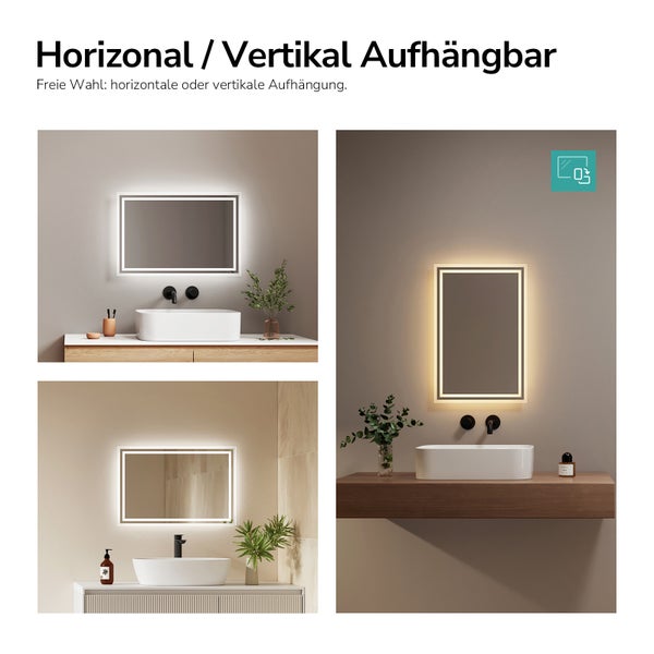 Moderner LED-Badezimmerspiegel, flexibel horizontal oder vertikal montierbar, gezeigt über verschiedenen Waschbecken in hellem Badezimmer-Design.
