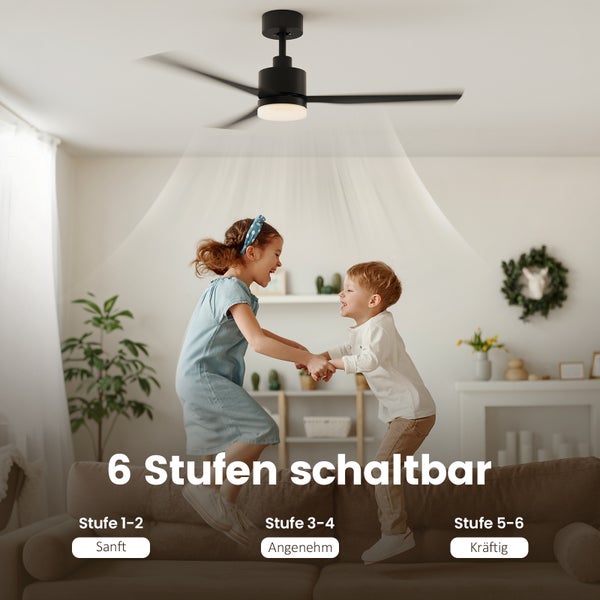 EMKE Deckenventilator mit LED, dimmbar, 6 Geschwindigkeiten, Fernbedienung & Timer, Schlafmodus, Ø1320×378 mm, Schwarz
