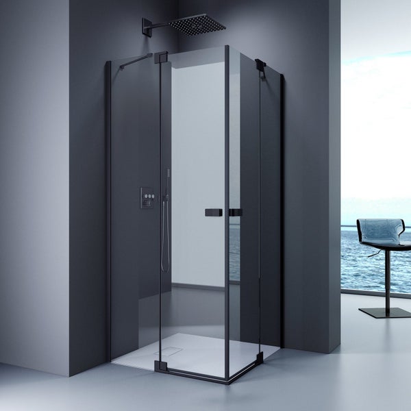 EMKE Eckdusche, Duschabtrennung mit Falttür und Seitenwand, Sicherheitsglas, Schwarz gerahmt