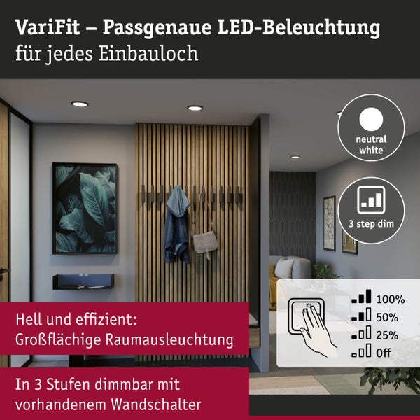 VariFit LED Einbaupanel 3-Step-Dim Areo IP44 rund 175mm 13W 1300lm 4000K Schwarz dimmbar