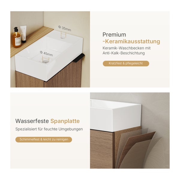 Detailansicht eines Keramikwaschbeckens mit wasserfester Spanplatte, geeignet für feuchte Umgebungen. Premium Keramikausstattung mit Anti-Kalk-Beschichtung und Kratzfestigkeit.