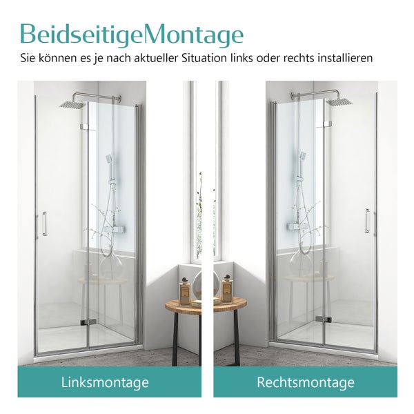 Duschkabine aus Glas mit flexibler Montageoption für Links- oder Rechtsanschlag.