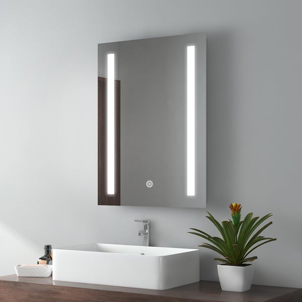 EMKE LED Badspiegel 70x50 cm, kaltweißes Licht, mit Touch-Schalter, Antibeschlag, rostfreier Spiegel mit mattiertem Rand, IP44, für Bad