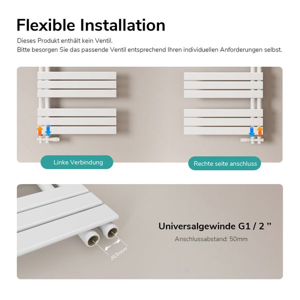 Flexible Installation eines Heizkörpers mit Universal Gewinde G1/2 Zoll und 50 mm Anschlussabstand.