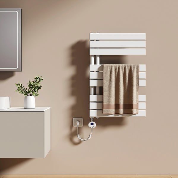 EMKE Elektrischer Handtuchheizkörper 50×76 cm, mit Thermostat & Timer, vertikal, seitlich offen, 400 W, Weiß, für Badezimmer