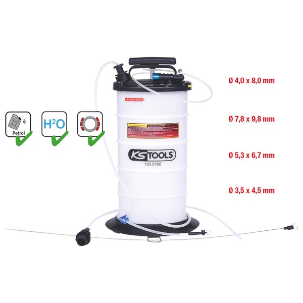 KS Tools Handpumpe zum Absaugen von Flüssigkeiten wie Öl und Wasser mit verschiedenen Schlauchdurchmessern und Behälter zur Flüssigkeitsentsorgung