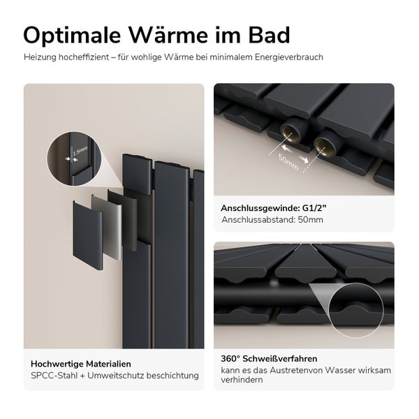 Detailansicht eines Badheizkörpers aus SPCC Stahl mit Umweltbeschichtung, inklusive Informationen zu Materialstärke, Anschlussgewinde und Schweißverfahren