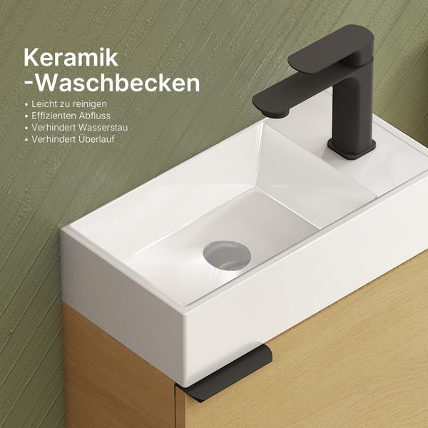 EMKE Waschtisch-Set 41,7 × 24 × 64,6 cm (B×T×H), mit Soft-Close-Funktion, Ablageboden, reversibel, Eiche, für Badezimmer