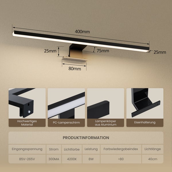 Wandleuchte mit Maßangaben und Detailansichten