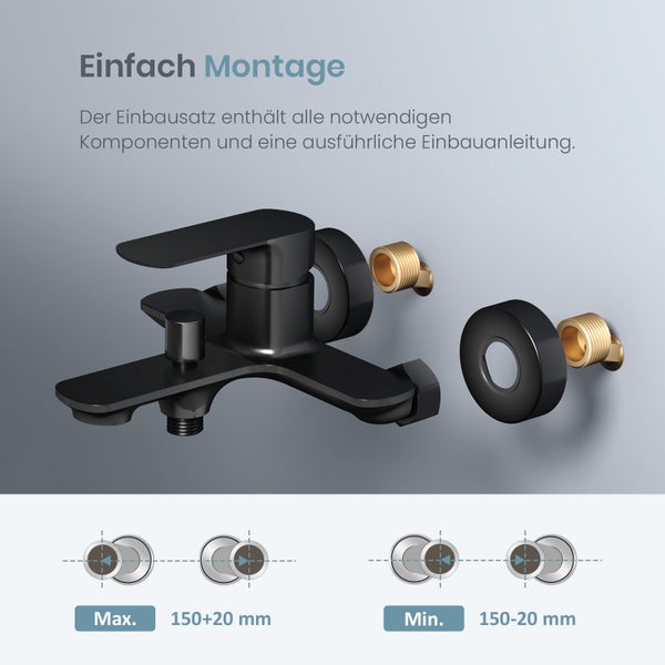 Schwarze Badewannenarmatur zur einfachen Montage mit Montageanleitung