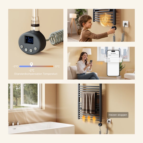 Badezimmer-Szene mit Heizkörper mit digitaler Temperaturanzeige und Kindersicherung