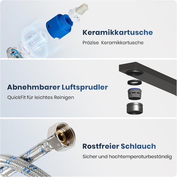 EMKE Küchenarmatur Schwarz Matt – Ultraflaches Design, 360° Schwenkbar, Edelstahl Einhebelmischer für Moderne Küchen, 30x22x10 cm, 3/8’’ Anschluss