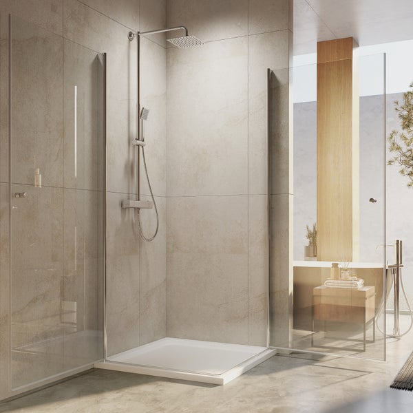 EMKE Duschkabine 90 x 80 cm, Eckdusche mit Pendeltüren, ESG Glas 6 mm, Chromrahmen, Anti-Kalk-Beschichtung, Höhe 185 cm, Eckeinstieg, Rundgriff