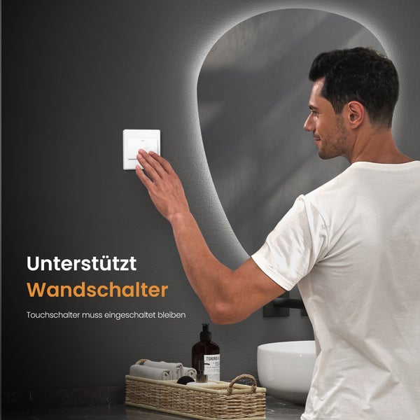 EMKE LED Badspiegel 80x60 cm, asymmetrisches Design, 3 dimmbare Lichtfarben & Helligkeit einstellbar, beschlagfrei, Memory-Funktion, horizontal & vertikal montierbar, IP44, für Bad