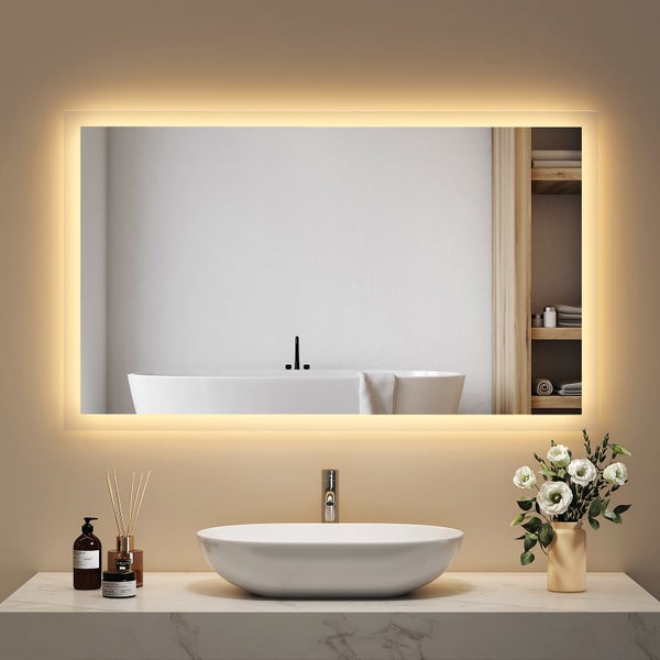 EMKE Badspiegel mit Beleuchtung 100x60 cm, Warmweiß, 28 W, rostfreier Spiegel, Aluminiumrahmen Weiß, flexibel montierbar, IP44, für Bad