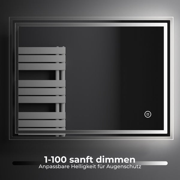 EMKE Badspiegel mit Beleuchtung 80 x 60 cm, Touchschalter & Anti-Beschlag, 3 Lichtfarben, IP44, für Badezimmer