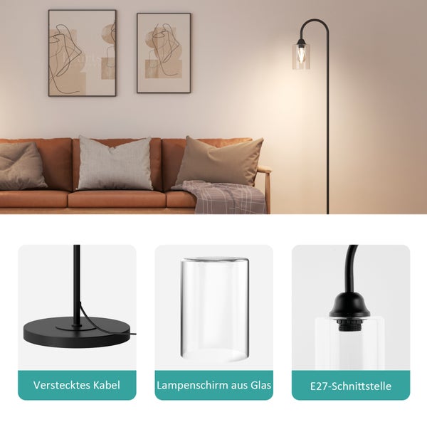 EMKE Stehlampe E27, Vintage Minimalistische, Metall, 160x25 cm, mit Fußschalter, für Wohnzimmer, Arbeitszimmer, Eisen, Schwarze (ohne Glühbirne)