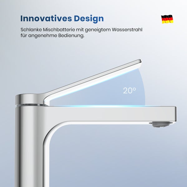 Schlanke Armatur mit geneigtem Wasserstrahl für angenehme Bedienung.