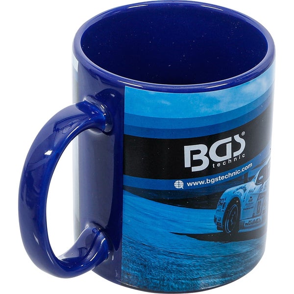 Keramiktasse mit BGS Technic Logo und Rennwagen Motiv