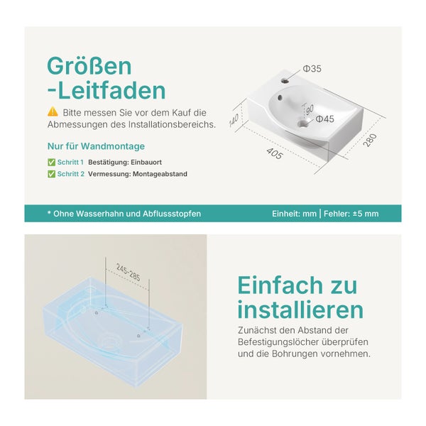 Größenleitfaden für ein Waschbecken mit Maßangaben zur Installation