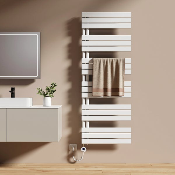 EMKE Elektrischer Designheizkörper 159x60 cm, Flachheizkörper mit Thermostat & Timer, Handtuchwärmer, seitlich offen, vertikal, 1000 W, Weiß, für Badezimmer geeignet