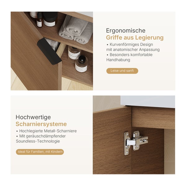 Detailaufnahme eines Badezimmerschranks mit ergonomischen Griffen aus Legierung und hochwertigen Scharniersystemen