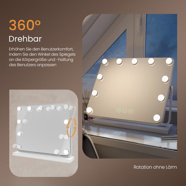 EMKE Hollywood Kosmetikspiegel mit Beleuchtung 600x516 mm, Tischspiegel mit Touchschalter, 14 dimmbare LEDs, 3 Lichtfarben, 7x Vergrößerung, Memory-Funktion, 360° drehbar, Weiß
