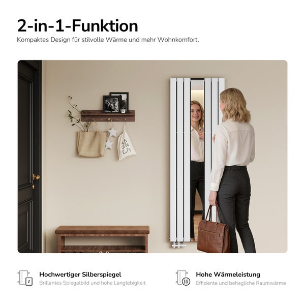 Vertikaler Design-Heizkörper mit integriertem Spiegel in einem hellen Flur mit Sitzbank, Garderobe und einer Frau vor dem Spiegel.