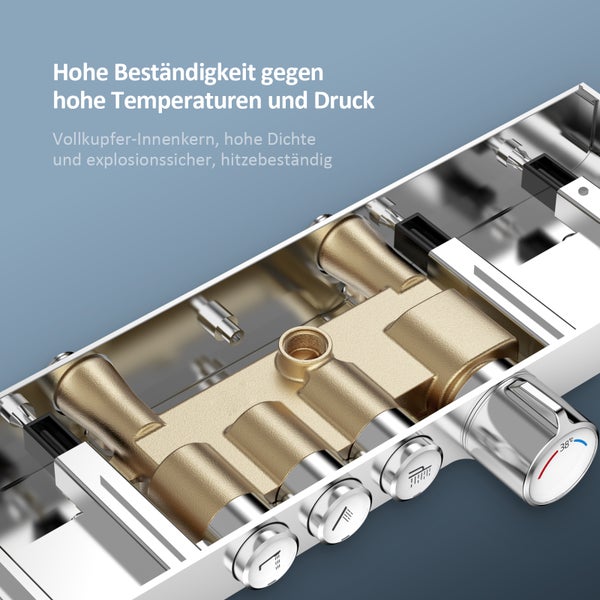 EMKE Duschsystem mit Thermostat 38 °C, Überkopfbrause, Handbrause 3 Strahlarten, unterer Wasserauslass, Verbrühungsschutz, Wandmontage, 114,6×45×48 cm, Chrom