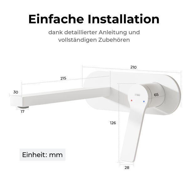 EMKE Unterputz Waschtischarmatur, 2-Loch Wandmontage mit Luftsprudler, Einhebelmischer für Waschbecken und Badewanne, L 215 x H 210 x Ø 17 mm, Weiß