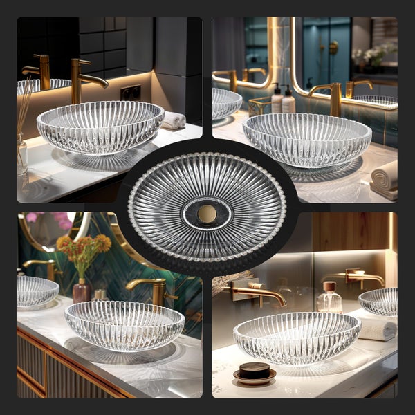 Mehrere Ansichten eines transparenten Waschbeckens im Badezimmer