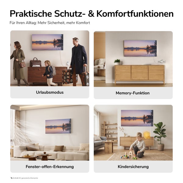 Infografik zeigt Funktionen einer Infrarotheizung mit Urlaubsmodus, Memoryfunktion, Fenster-offen-Erkennung und Kindersicherung im Wohnbereich.