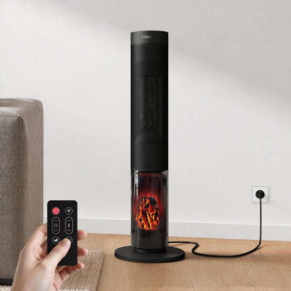 Maßzeichnung eines elektrischen Turmheizlüfters mit Produktdetails wie Leistung, Gewicht, Kabellänge und Sicherheitsfunktionen.