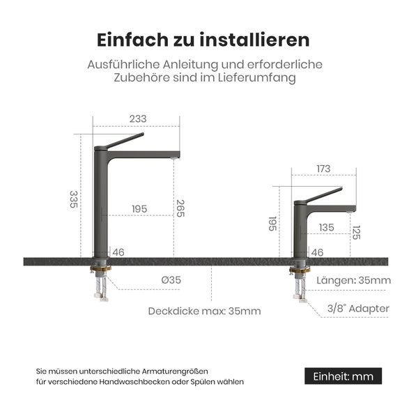 Skizze einer Armatur mit Maßangaben