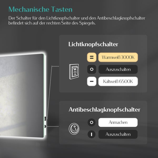 EMKE Badspiegel mit Beleuchtung 60 x 50 cm, Warmweiß/Kaltweiß, beschlagfrei, LED-Rückbeleuchtung, Kippschalter, IP44, für Bad