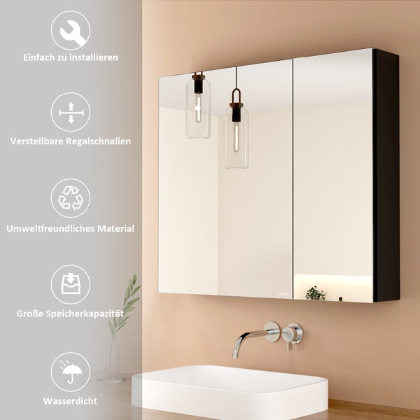 EMKE Spiegelschrank, 2-Türig,  75x65 cm, Badschrank mit doppelseitigen Spiegeltüren, schwarz