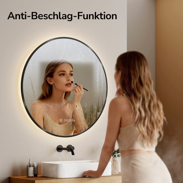 Runder Spiegel mit Anti-Beschlag-Funktion und LED-Beleuchtung in einem Badezimmer